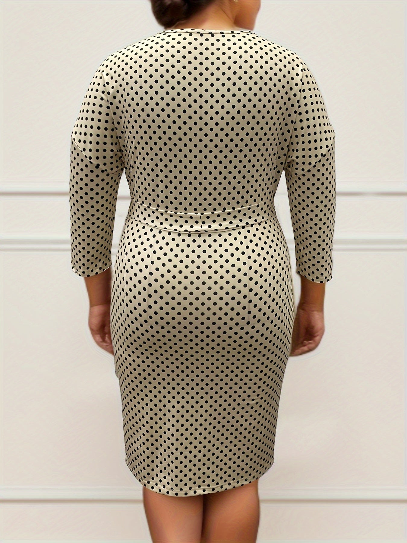 Plus Dot Print Drop Shoulder Long Sleeve V Neck Bodycon Dress With Belt