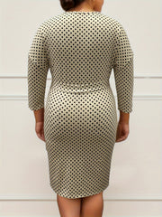 Plus Dot Print Drop Shoulder Long Sleeve V Neck Bodycon Dress With Belt