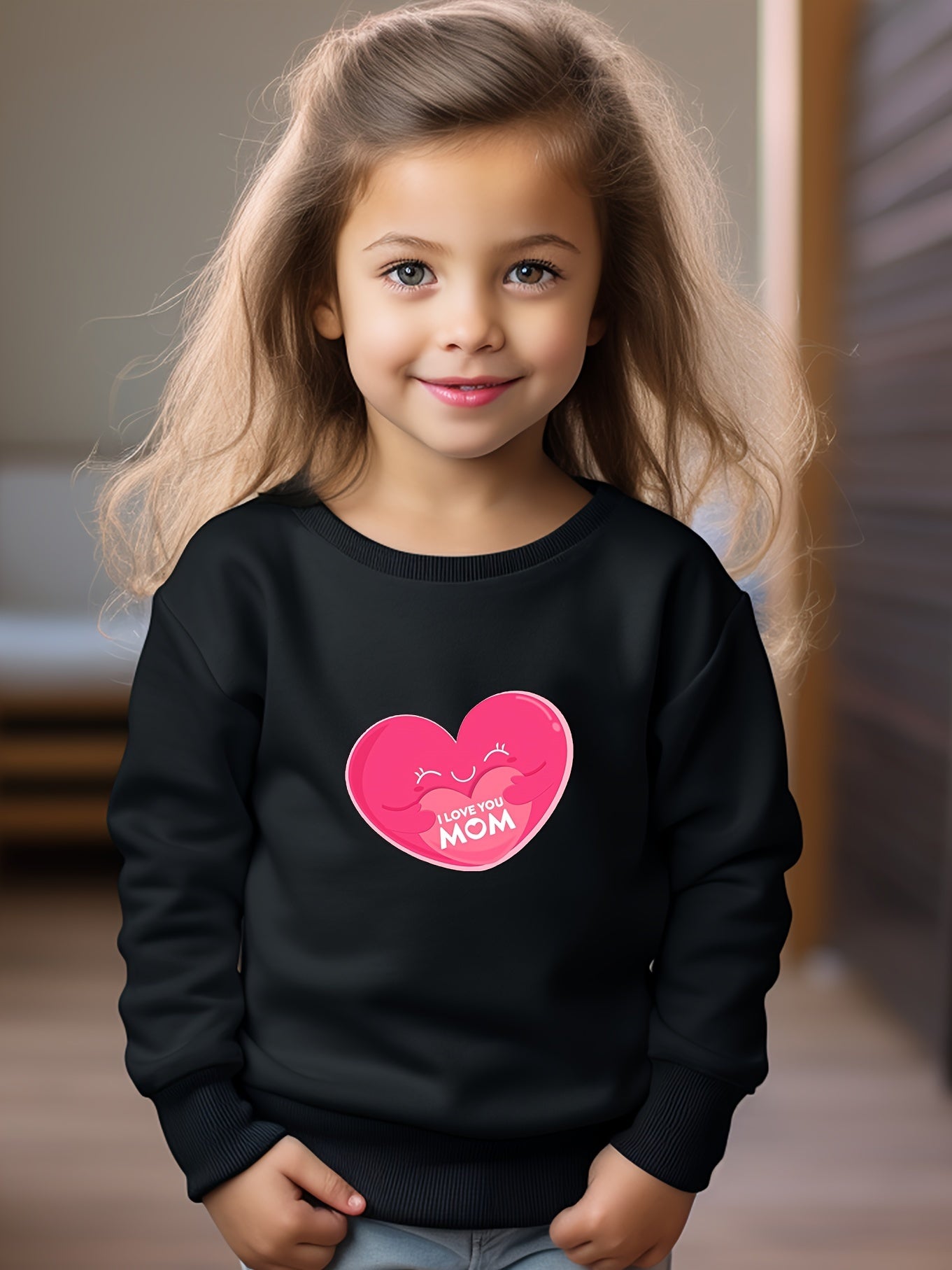 Girls Heart Pattern Crew Neck Sweatshirt For Spring Fall