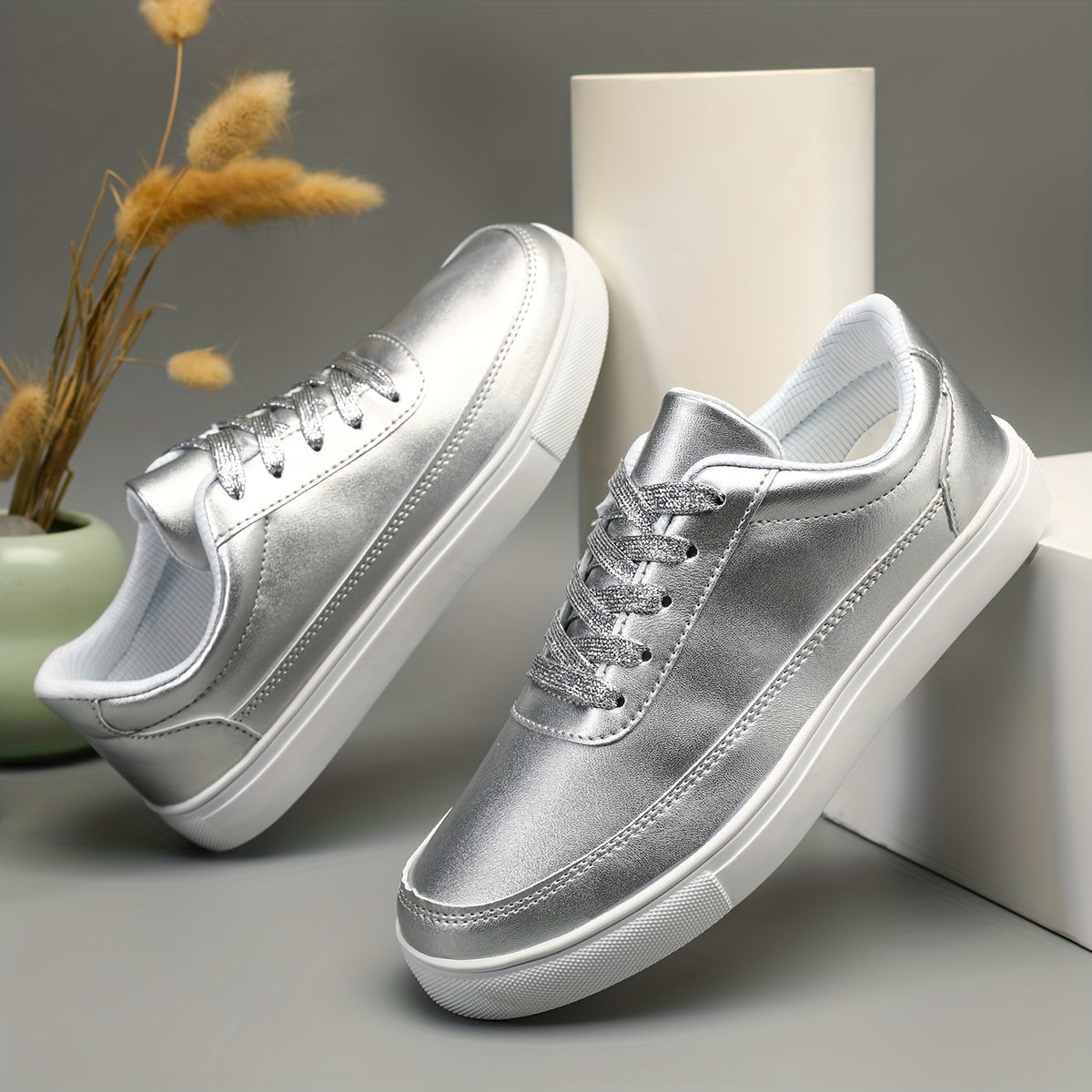 Women's Silver Faux Leather Skate Shoes Casual Lace Up Outdoor Shoes