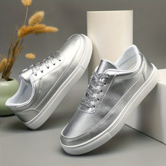 Women's Silver Faux Leather Skate Shoes Casual Lace Up Outdoor Shoes