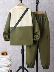 Boy's 3pcs Zip Up Jacket & Crossbody Bag & Cargo Pants Set