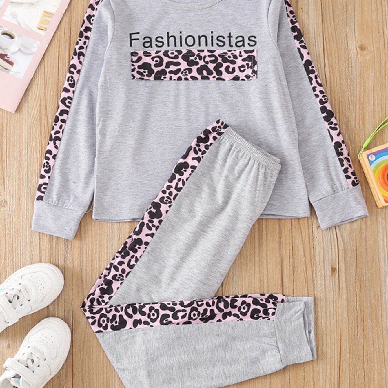 Girls Patchwork Leopard Crew Neck Long Sleeve Loungewear