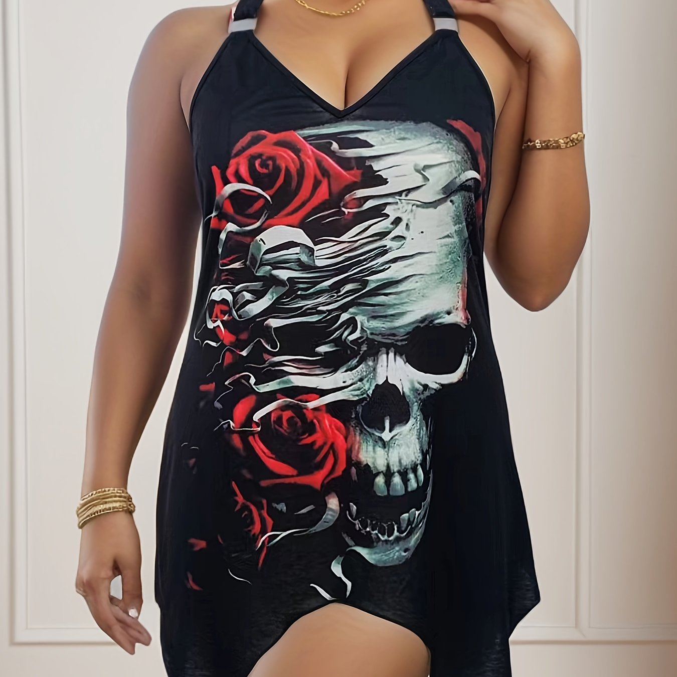 Gothic Cami Tops Women's Plus Skull & Rose Print Cami Tops
