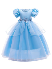Girl's Fairy Tale Character Cosplay Costume Embroidered Puff Sleeve Mesh Dress