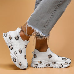 Leopard Print Platform Sneakers Slip On Breathable Running Shoes