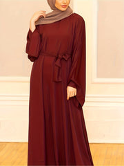 Retro Abaya Dress Women's Plus Solid Lantern Sleeve Maxi Jalabiya Dres
