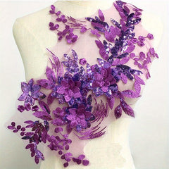 Green Purple 3D Flowers Sequins Embroidery Lace Trims Mesh Sew On Patch