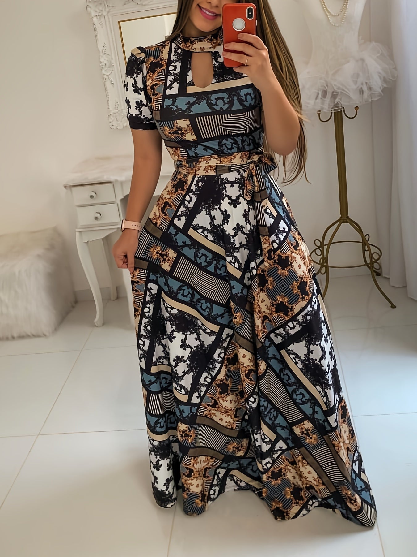Graphic Print Mock Neck Cut Out Sleeve Maxi Dress Plus Size