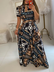 Graphic Print Mock Neck Cut Out Sleeve Maxi Dress Plus Size