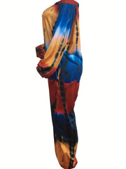 Boho Tie Dye Off Shoulder Lantern Sleeve Jumpsuit