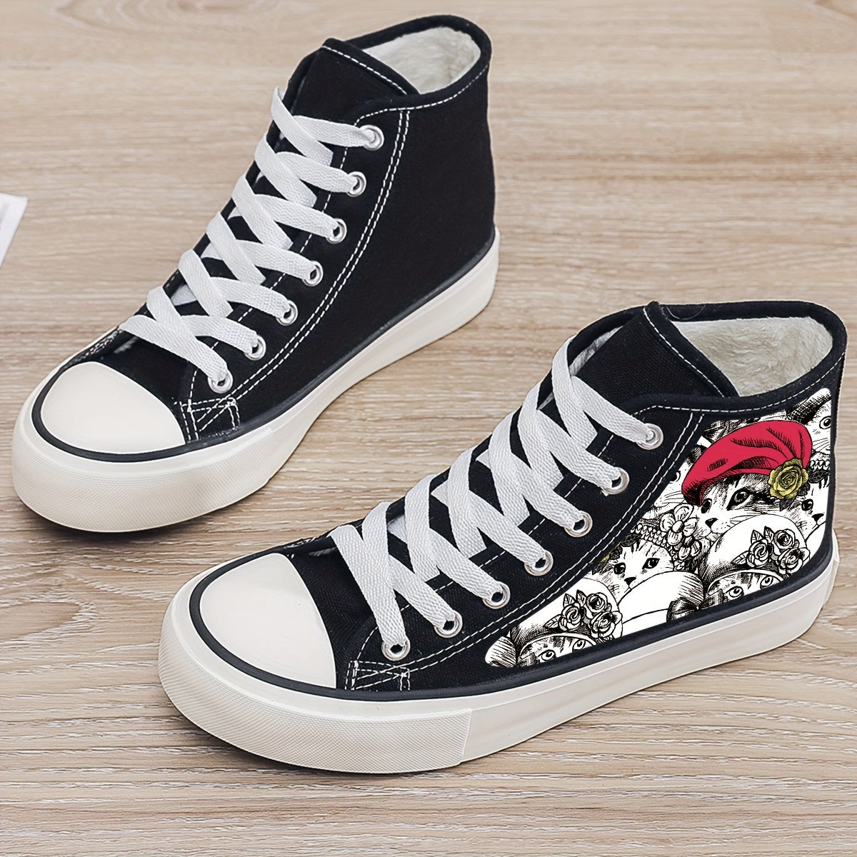 Cat Print Plush Lined Chunky Canvas Sneakers