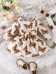 Baby Girls Butterfly Print Dress with Bow Belt for Spring and Autumn