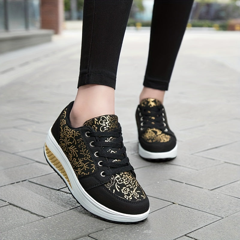 Floral Pattern Wedge Sneakers Lace Up Thick Sole Walking Shoes