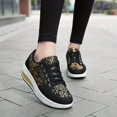 Floral Pattern Wedge Sneakers Lace Up Thick Sole Walking Shoes