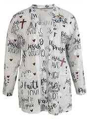 Casual Cardigan Letter & Cross Print Long Sleeve Open Front