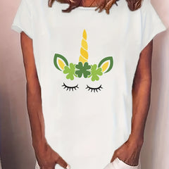 Unicorn & Shamrock Print T-shirt Crew Neck Graphic Tee Women's Clothing