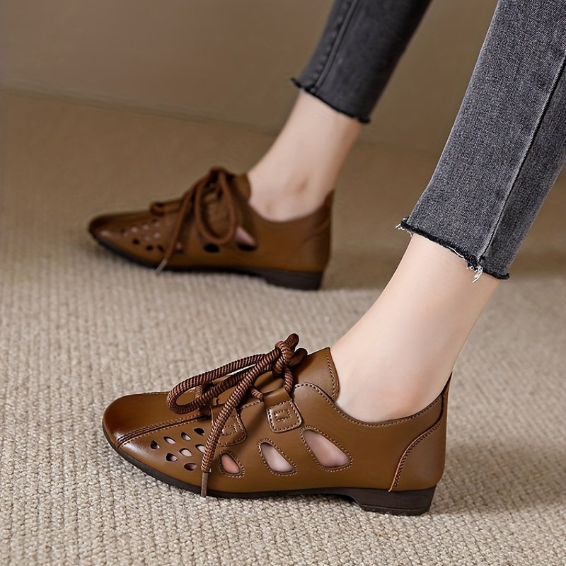 Women's Hollow Out Lace Up Flats Low Top Shoes Casual Faux Leather