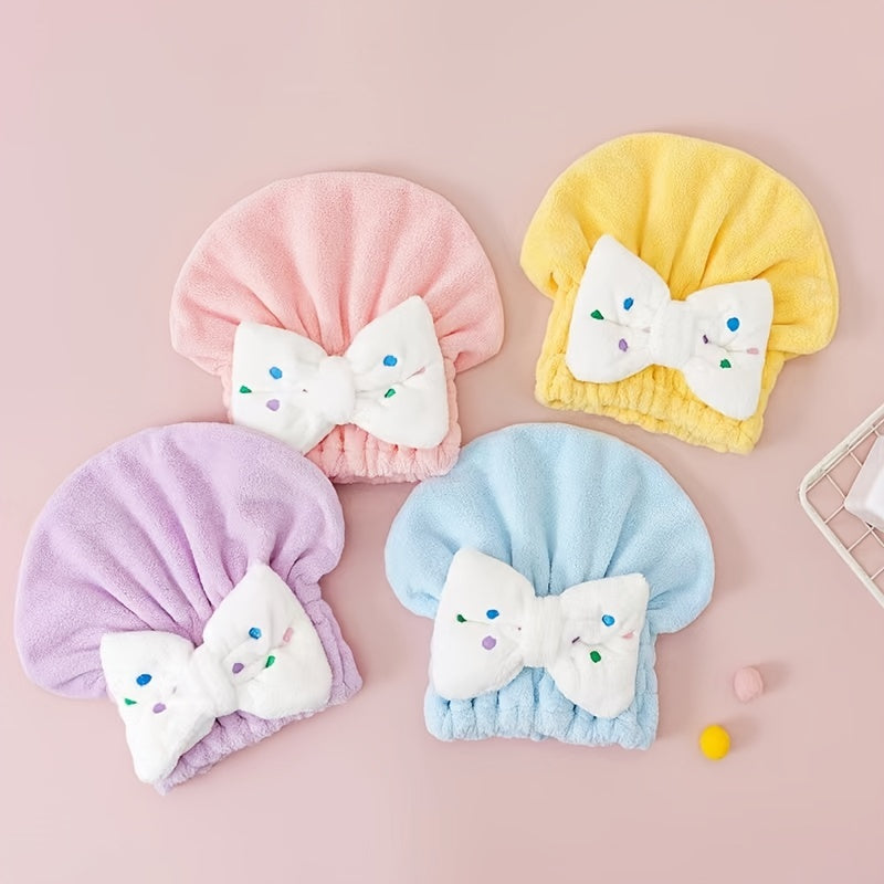 Kids Shower Cap Bow Dry Hair Coral Fleece Towel Cap