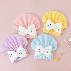Kids Shower Cap Bow Dry Hair Coral Fleece Towel Cap