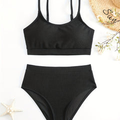 Ribbed Knit Bikini Set Padded Cami Top & Panty Swimsuit