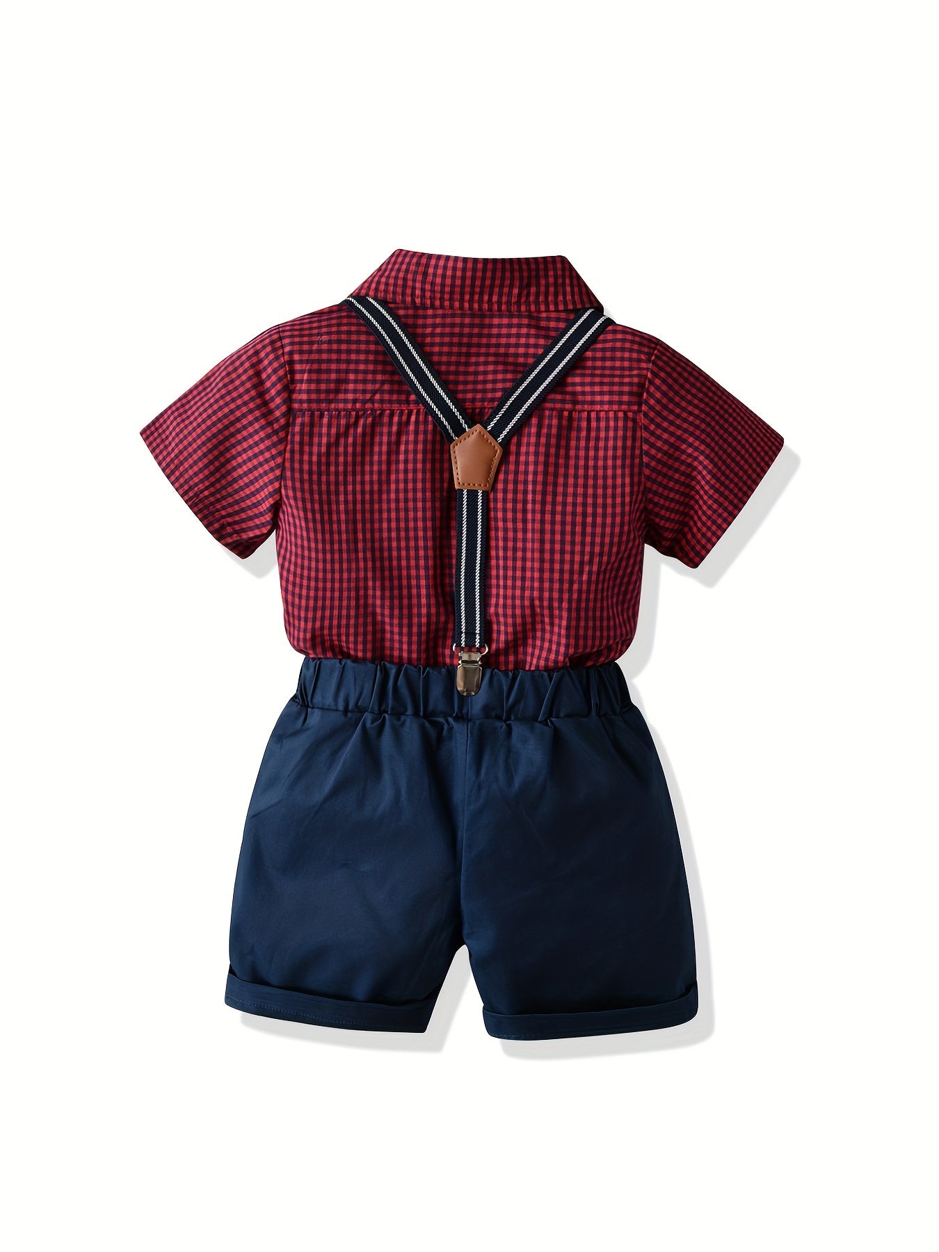 Boys Plaid Shirt & Suspender Shorts Set
