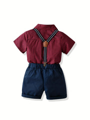 Boys Plaid Shirt & Suspender Shorts Set