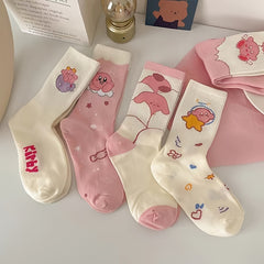 5 Pairs Soft Pink & Cartoon Crew Socks Pack Women's Stockings