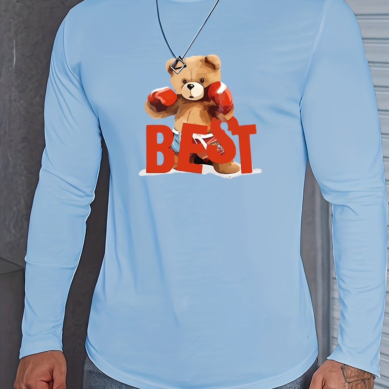 Teddy Bear Boxer Pattern Print Men's Long Sleeve T-Shirt
