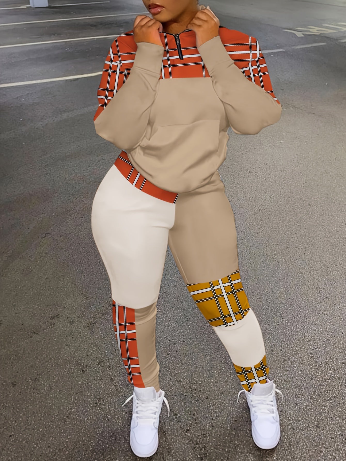 Colorblock Plaid Print Top & Pants Set