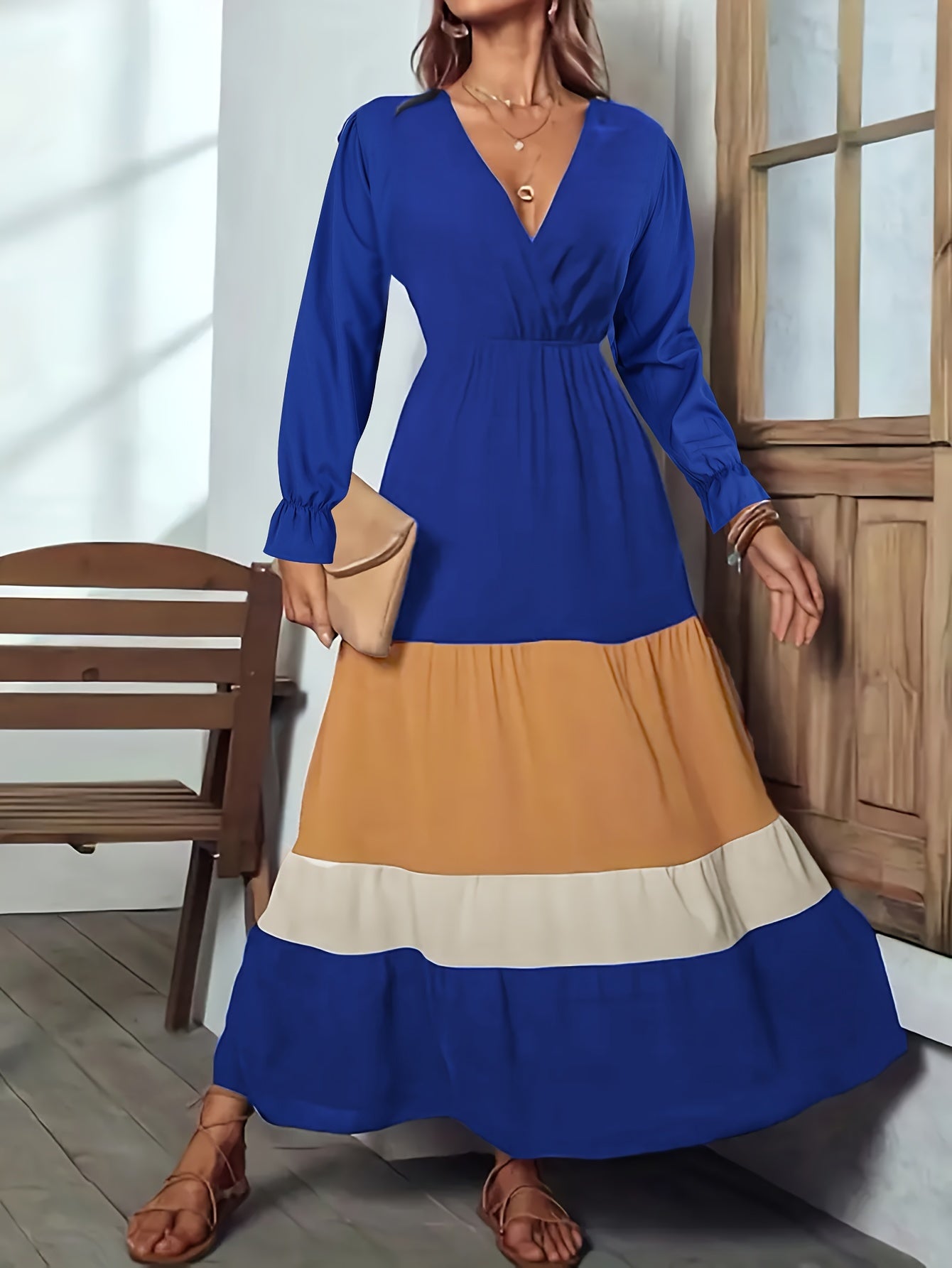 Women's Plus Colorblock Flounce Sleeve V Neck Maxi Dress