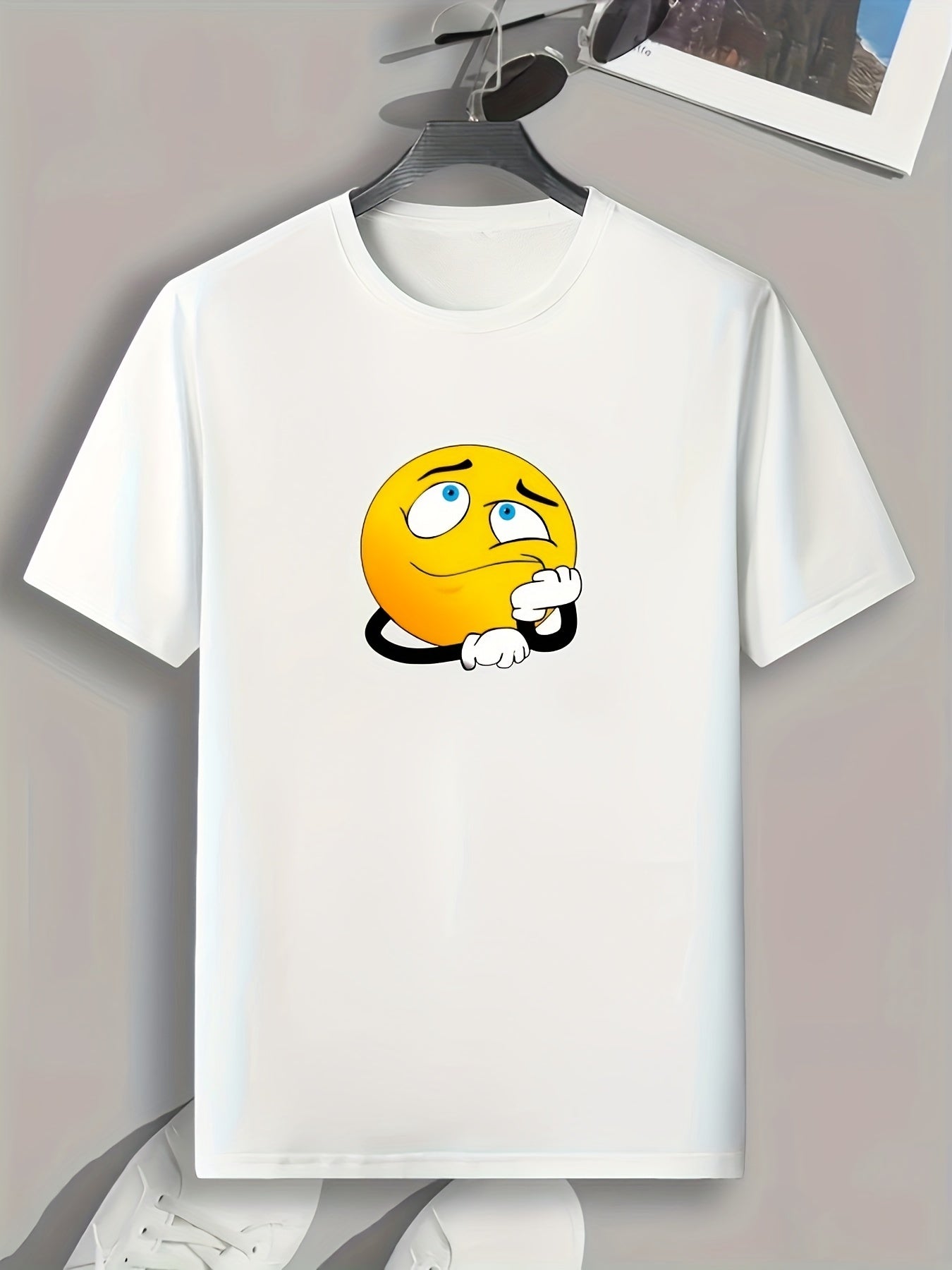 Worried Face Print Men's Comfy T shirt Active Slightly Stretch Breathable Tee