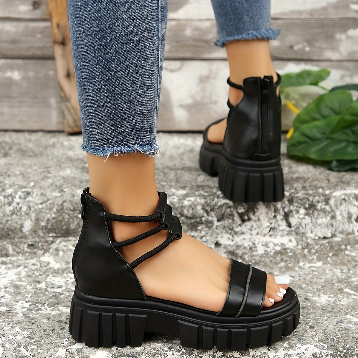 Women's Double Band Platform Sandals Roman Style Zipper Back