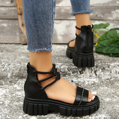 Women's Double Band Platform Sandals Roman Style Zipper Back
