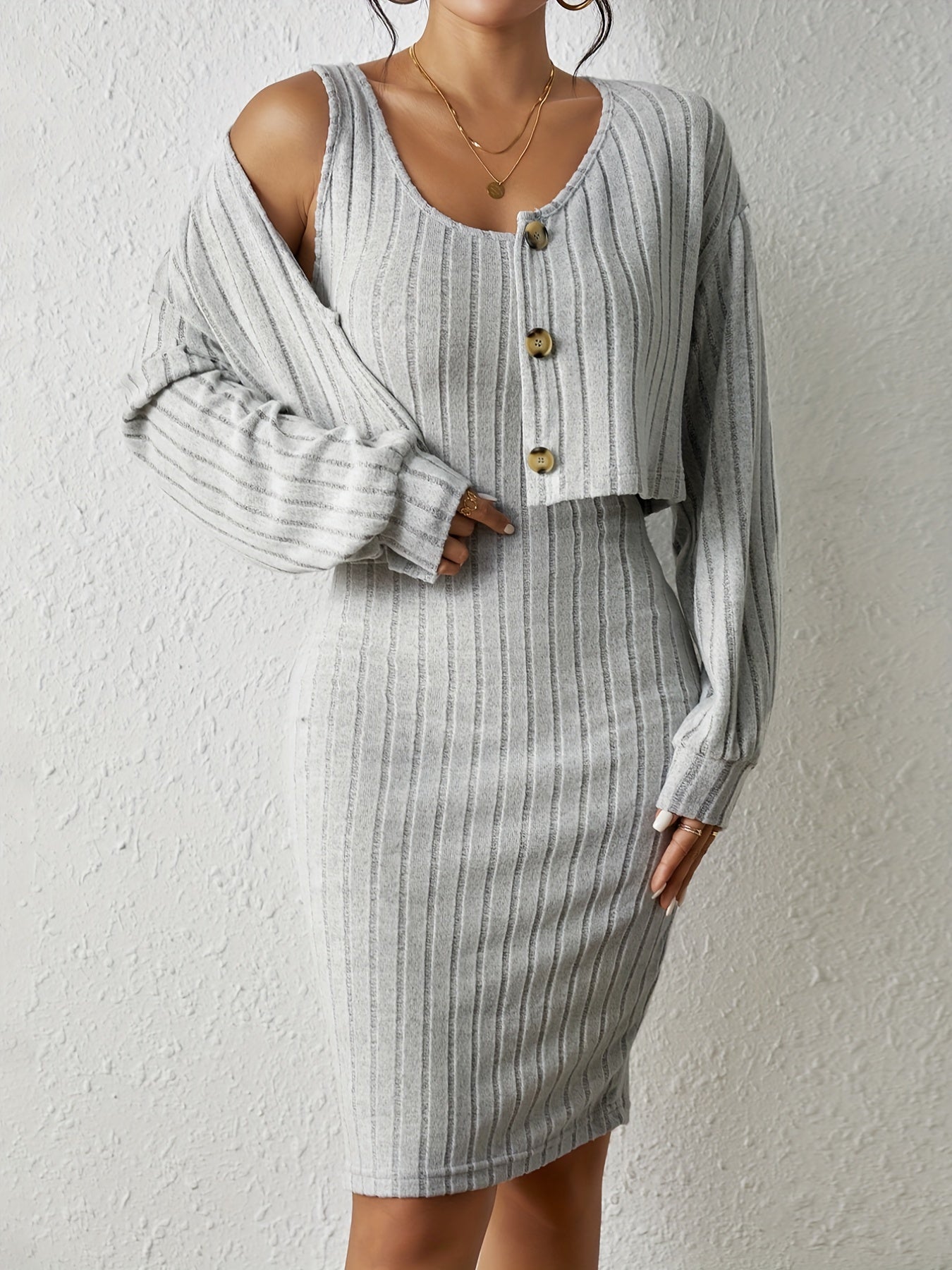 Ribbed Slim Two piece Dress Set Button Front Crop Cardigan & Skinny Tank Dress