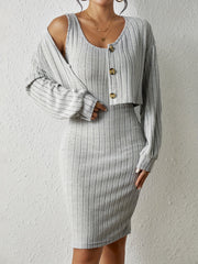 Ribbed Slim Two piece Dress Set Button Front Crop Cardigan & Skinny Tank Dress