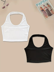 2pcs Solid Ribbed Halter Tops Crew Neck Backless Crop Top Women's Lingerie