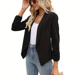 Ruched Solid Blazer Open Front Work Office Outerwear Women's Clothing