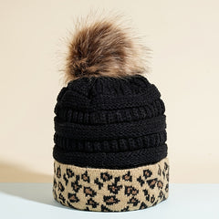 Leopard Fur Ball Beanie Women's Knitted Warm Hat Woolen Hat