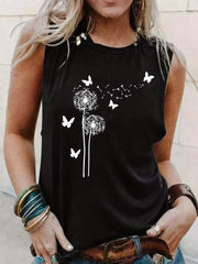 Dandelion Print Tank Top Sleeveless Casual Crew Neck Top