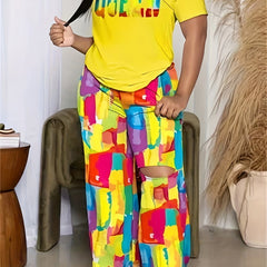 2pcs Queen Print Tee & Allover Print Wide Leg Pants Set Women's Clothing