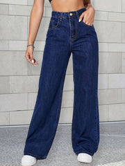 Loose Fit Wide Leg Boyfriend Jeans High Waist Slash Pockets