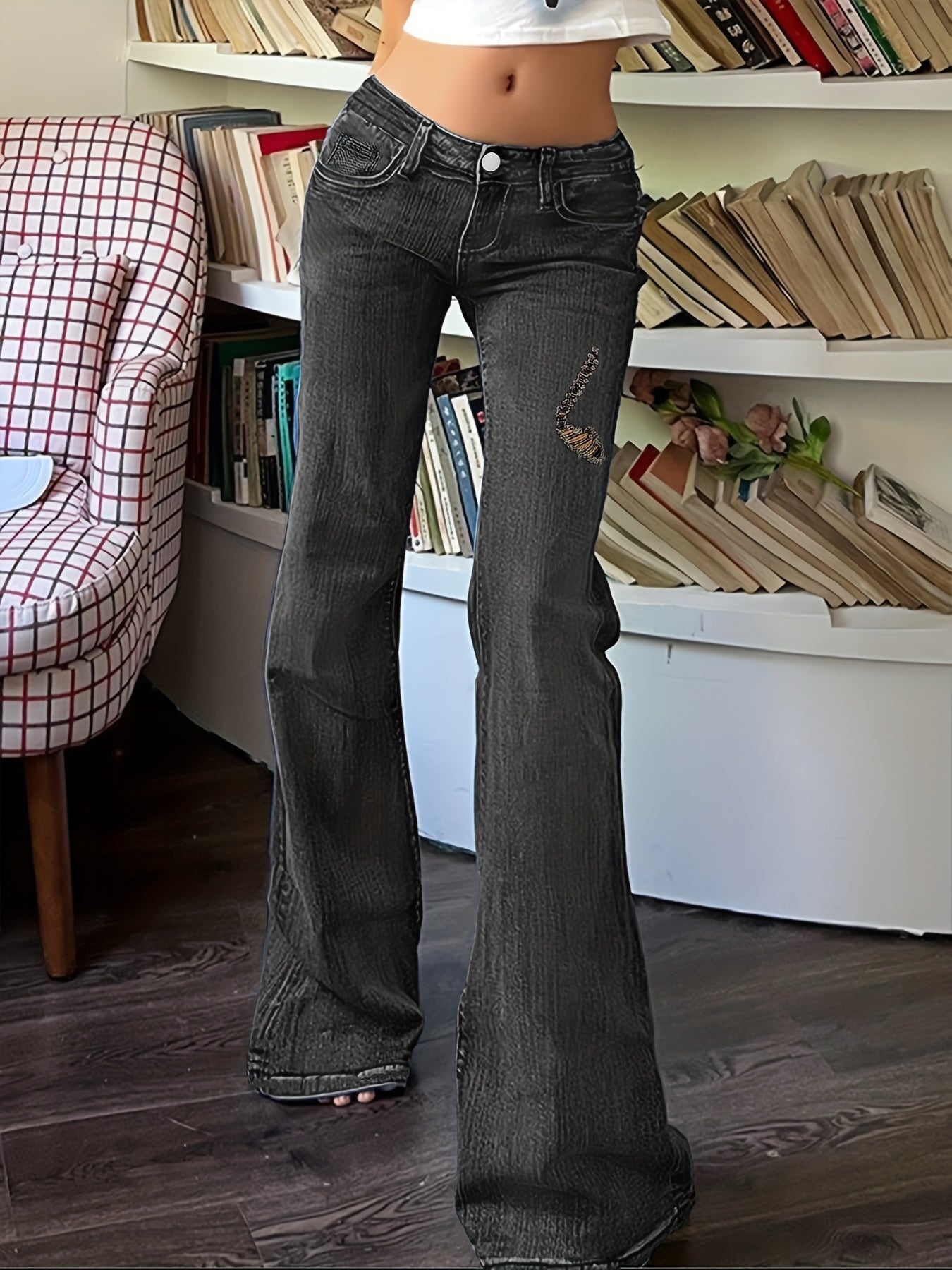Dark Grey Ripped Holes Flared Jeans Bell Bottom Wide Legs Women's Denim Pants