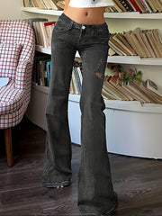 Dark Grey Ripped Holes Flared Jeans Bell Bottom Wide Legs Women's Denim Pants