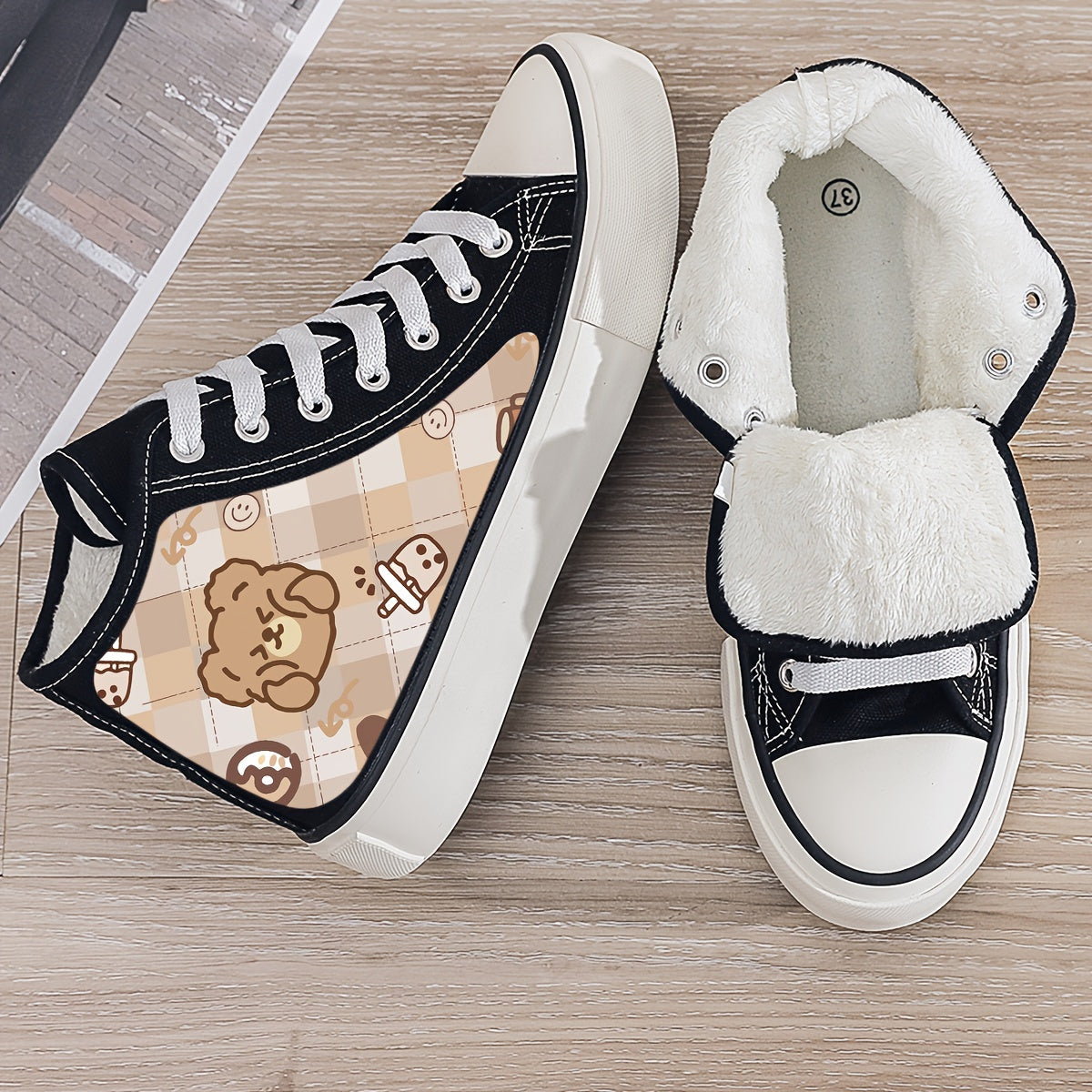 Bear Print Plush Lined Thermal Chunky Canvas Sneakers Flat Heighten
