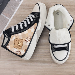 Bear Print Plush Lined Thermal Chunky Canvas Sneakers Flat Heighten