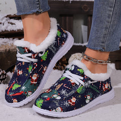 Women's Christmas Snow Boots Santa Claus Pattern Plush Comfort Flats