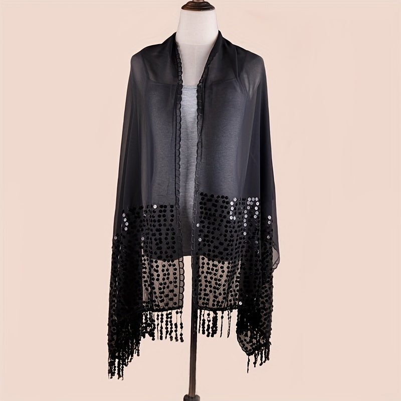 Sequin Decor Tassel Shawl Long Scarf Embroidery Lace Wrap Chiffon Scarves