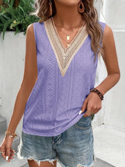 Eyelet Guipure Lace V Neck Tank Top Sleeveless Casual Summer Top