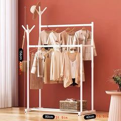 1pc Standing Clothes Rack with Lower Storage and Hooks, Double Bar Drying Rack